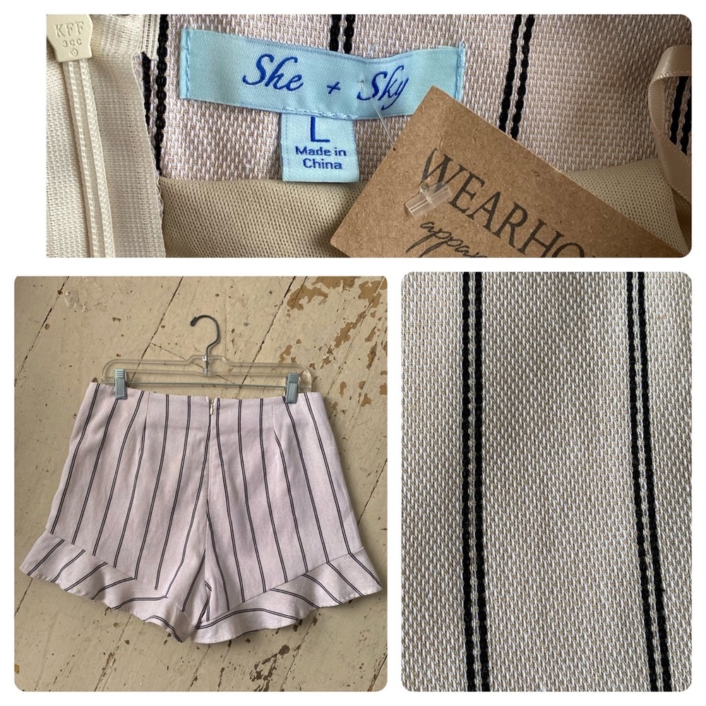 She + Sky Cotton Linen Stripe Ruffle High Waisted Shorts Tap Pants